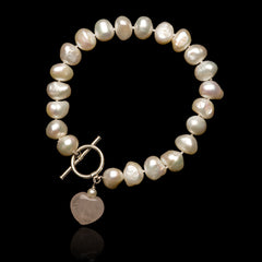 Single Pearl Strand with Rose Quartz Heart Bracelet